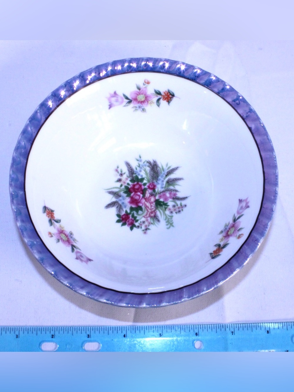 Vintage Yamatsu Japan Lusterware Floral Porcelain Bowl 7" Periwinkle Blue Rim